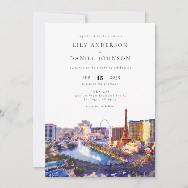 Invitation Las Vegas Skyline Watercolor Elegant Wedding (Devant)