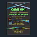 Invitation Laser Tag Birthday ou Team Building Party<br><div class="desc">Une invitation amusante au laser qui dit "Game On"!  Les couleurs du néon,  les poutres au laser,  les pistolets et les gilets sont représentés. Personnalisez cette invitation pour la fête d'anniversaire d'un enfant.  Il fonctionne aussi bien pour les événements de constitution d'équipes d'entreprises.</div>