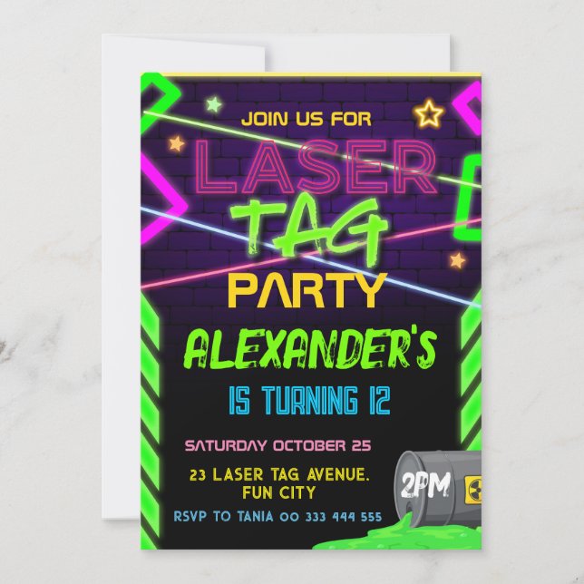 Invitation Laser Tag Party Neon Anniversaire (Devant)