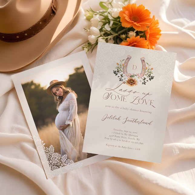 Invitation Lasso Up Love Floral Western Horseshoe Photo (Lasso Up Some Love Floral Western Horseshoe Photo Invitation)