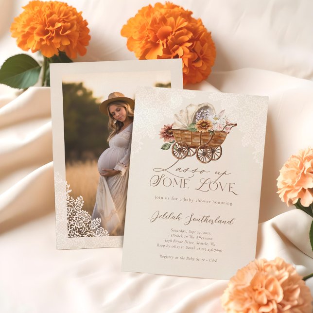 Invitation Lasso Up Love Floral Western Wagon Photo (Lasso Up Some Love Floral Western Wagon Photo Invitation)