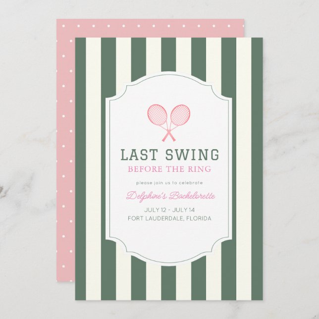 Invitation Last Swing Tennis Green Stripe Bachelorette (Devant / Derrière)