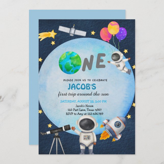 Invitation L'Astronaut Espace Premier Voyage Autour Du Soleil (Devant / Derrière)
