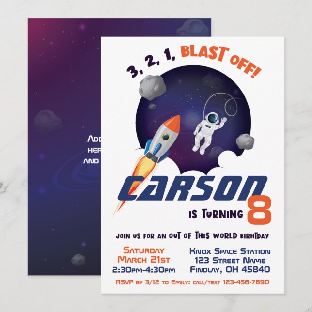 Invitation L'astronaute de l'espace hors de ce monde (Devant / Derrière)