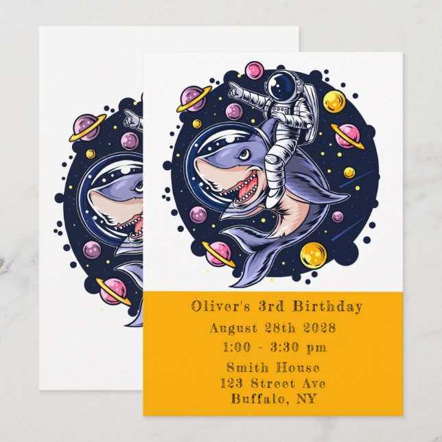 Invitation L'astronaute de requin Space Boy Fête d'anniversai (Devant / Derrière)
