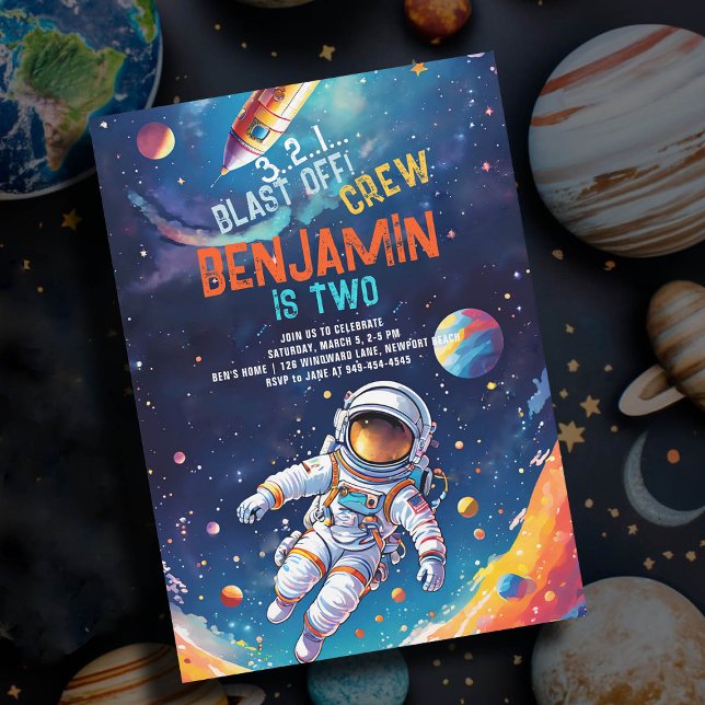 Invitation L'astronaute Deep Space Rocket Planètes Garçon Ann (astronaut birthday party invitation boy deep space rocket planets stars watercolor spaceship)