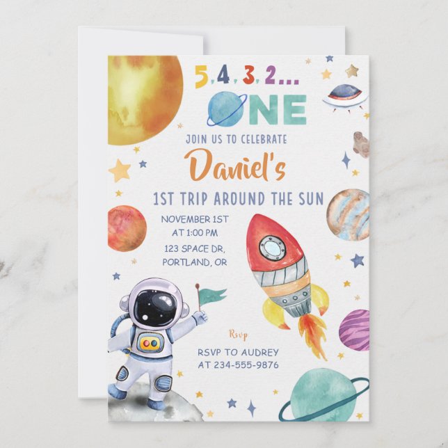 Invitation L'astronaute Espace 1er voyage autour du soleil (Devant)