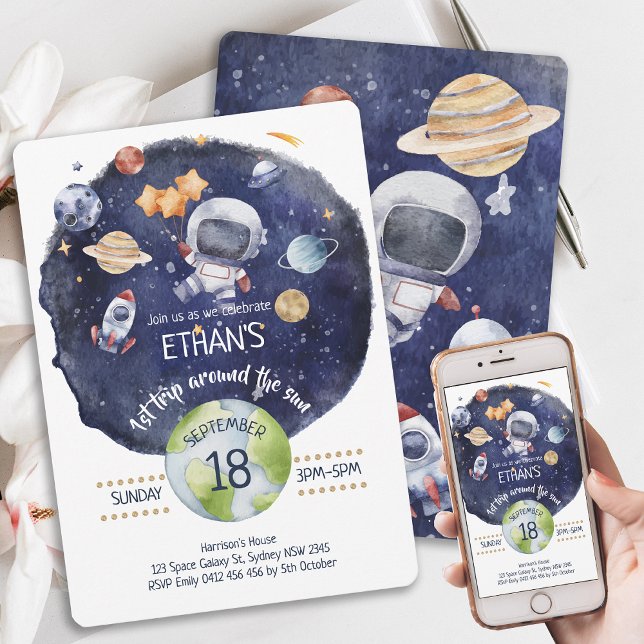 Invitation L'astronaute Galaxy personnalise la 1ère fête d'an (Astronaut Galaxy Personalize 1st Birthday Party Invitation)