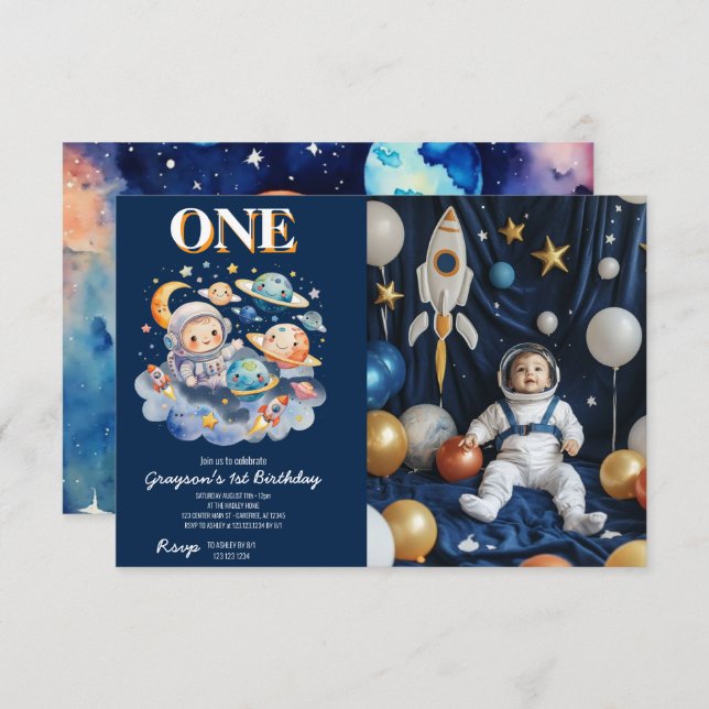 Invitation L'astronaute Planètes spatiales garçon 1er anniver (Devant / Derrière)
