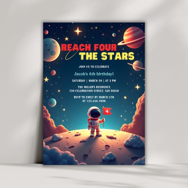 Invitation L'astronaute Space Stars Boy 4e anniversaire (Reach Four The Stars Astronaut Boy 4th Birthday Invitation)