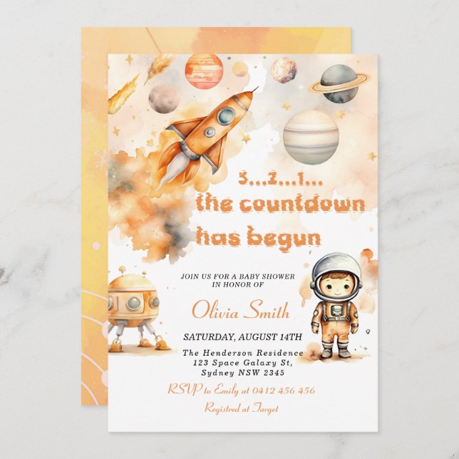 Invitation L'astronaute spatiale Rocket Planets Baby shower g (Devant / Derrière)