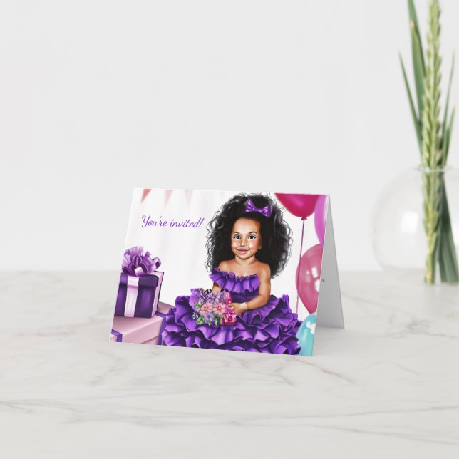 Invitation Latin Girls Curls Purple Robe Anniversaire Invitat (Devant)