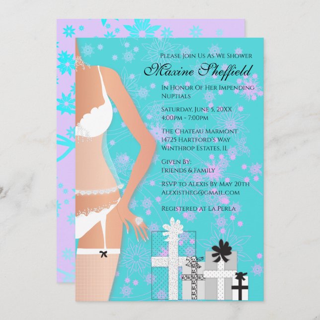 Invitation Latina Lingerie Fête des mariées Turquoise et viol (Devant / Derrière)