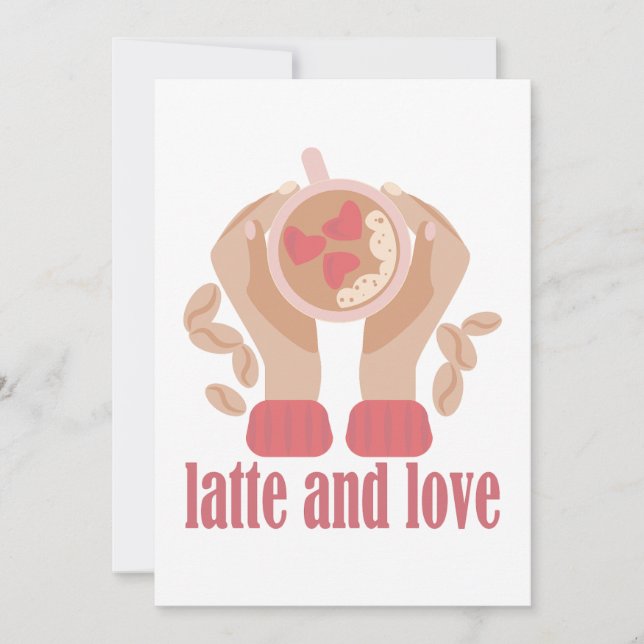 Invitation Latte et coupe d'amour, mains et citation de café (Devant)