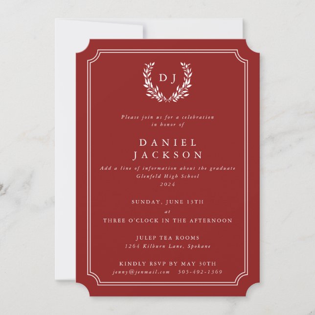 Invitation Lauréat de la couronne rouge/blanche de monogramme (Devant)