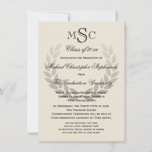 Invitation Laurel Crest Monogram Classic College Graduation (Devant)