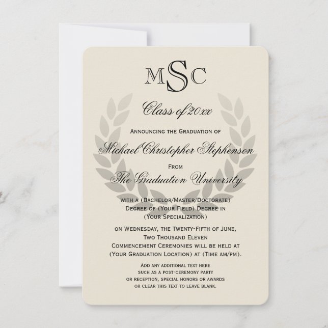 Invitation Laurel Crest Monogram Classic College Graduation (Devant)