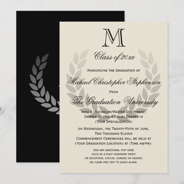 Invitation Laurel Crest Monogram Classic College Graduation I (Devant / Derrière)