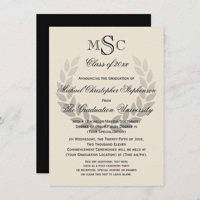 Invitation Laurel Crest Monogram Classic College Graduation I (Devant / Derrière)