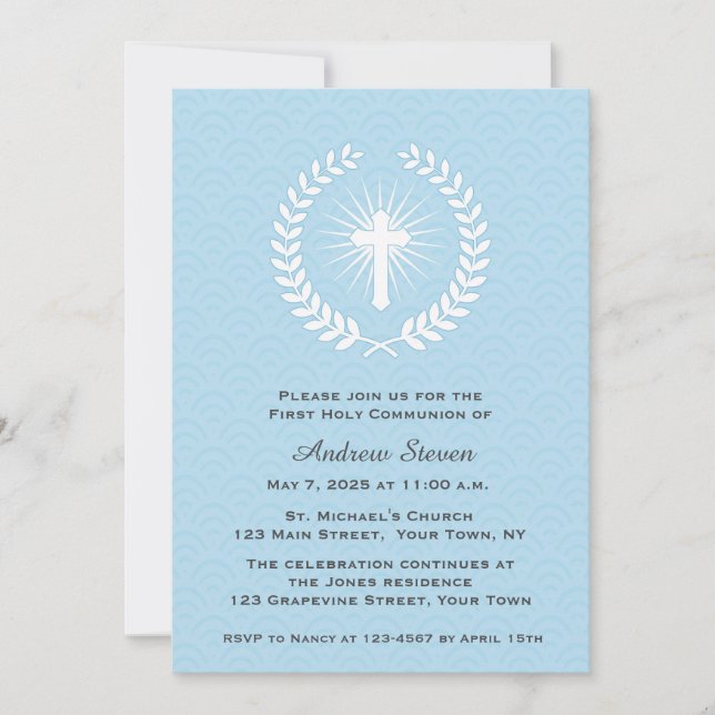 Invitation Laurel, Croix, Bleu, Première communion (Devant)