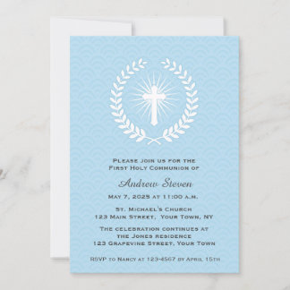 Invitation Laurel, Croix, Bleu, Première communion