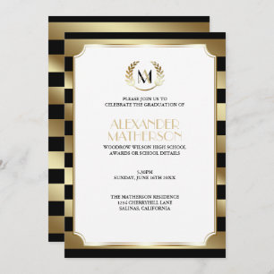 Invitation Laurel Monogrammed Black and Gold Graduation