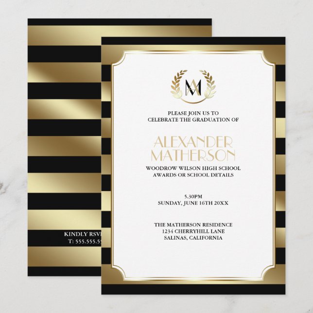 Invitation Laurel Monogrammed Black and Gold Graduation (Devant / Derrière)