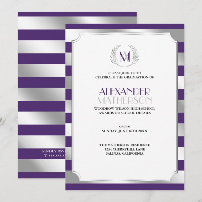 Invitation Laurel Monogrammed Purple et Silver Graduation (Devant / Derrière)