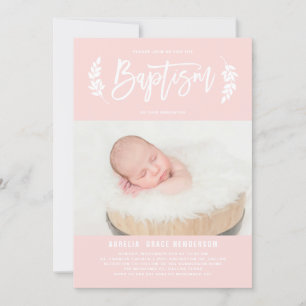 Invitation Laurel Wreath Blush Pink Photo Baptême