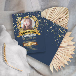 Invitation Laurel Wreath Graduation Photo Marine/Gold ID833
