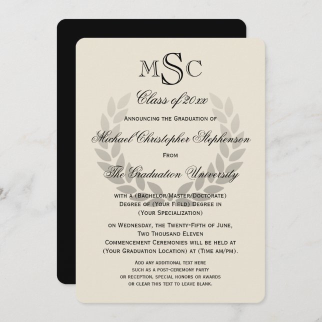 Invitation Laurel Wreath Monogram Classic College Graduation (Devant / Derrière)