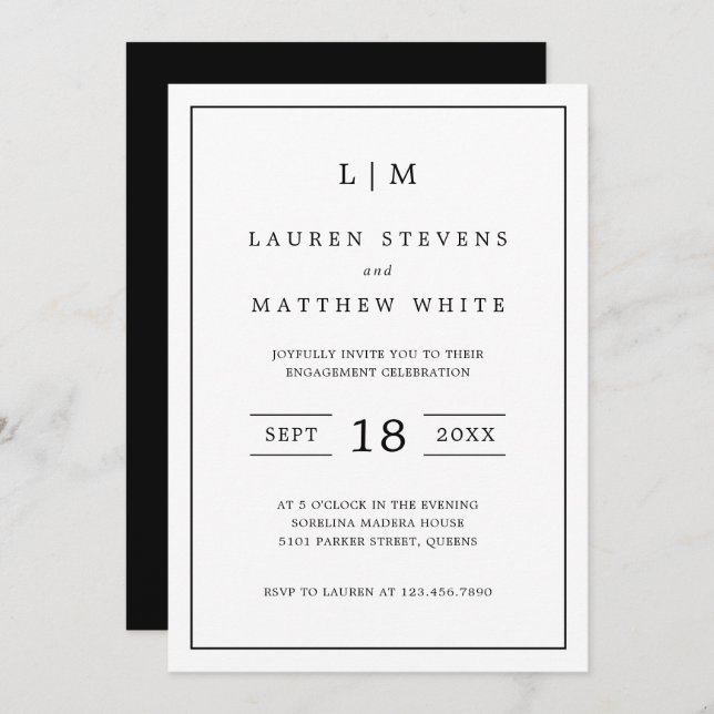 Invitation Lauren Black and White Elegant Engagement Party (Devant / Derrière)