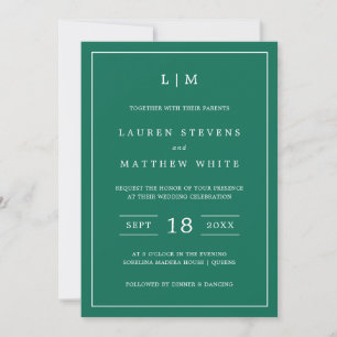 Invitation Lauren Emerald Green Monogramme Mariage élégant