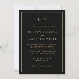 Invitation Lauren Noir et Or Monogramme Mariage élégant