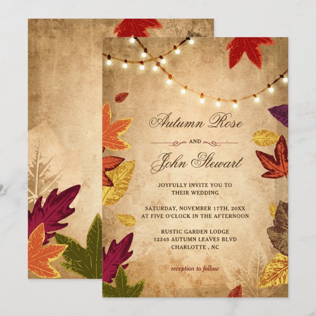 Invitation L'automne élégant laisse le Mariage de automne rus (Devant / Derrière)