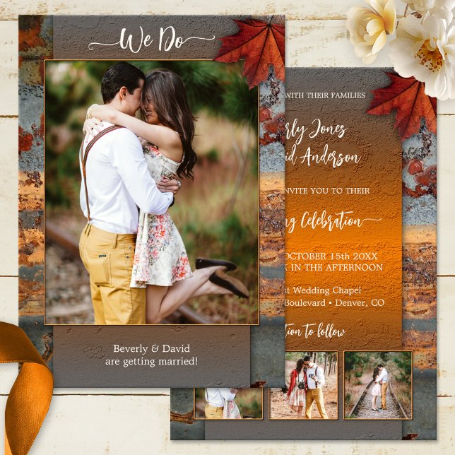 Invitation L'automne quitte Mariage industriel Photo (Unique wedding invitation featuring 4 of your photos framed by an industrial rustic autumn design)