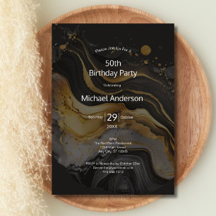Invitation Lavage à l'aquarelle Or Noir 50e Anniversaire Pour