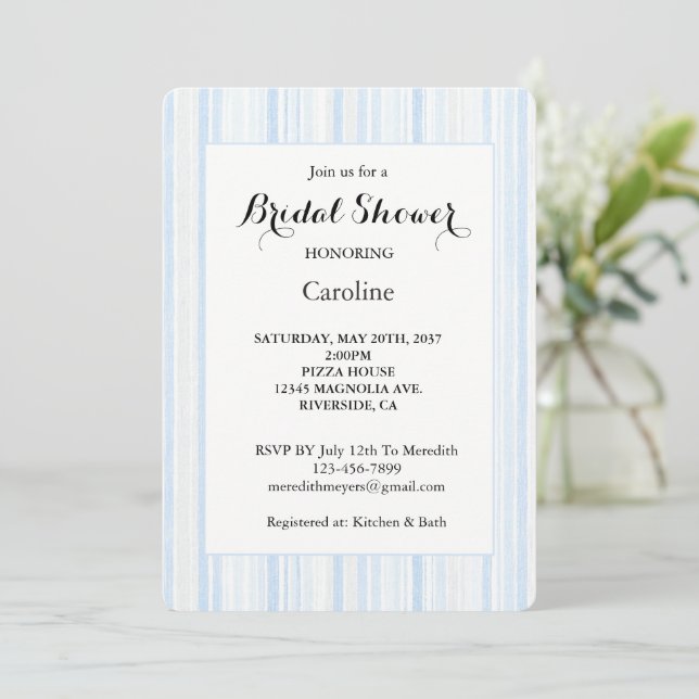 Invitation Lavage Bleu Blanc Rayures Shower de Mariée (Debout devant)