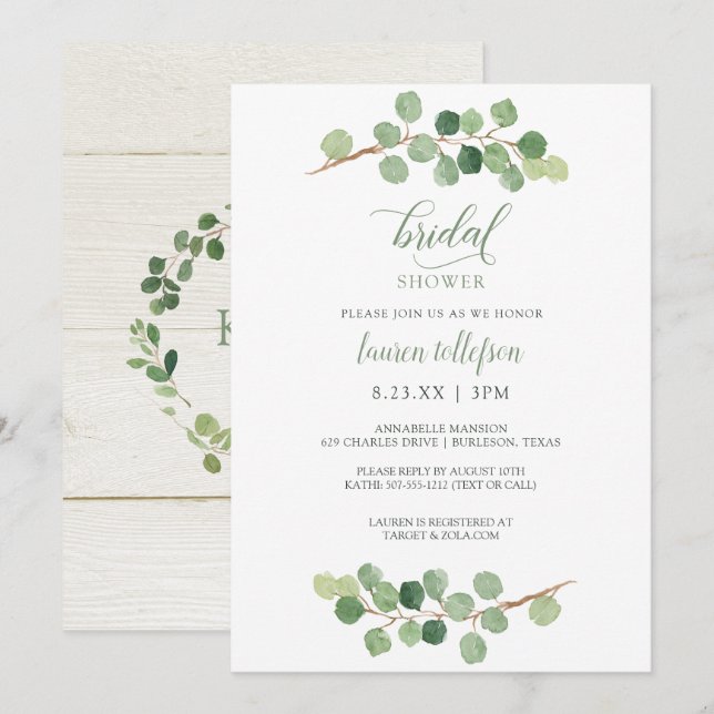 Invitation Lavage de Mariée - Feuillage de Eucalyptus Rustiqu (Devant / Derrière)