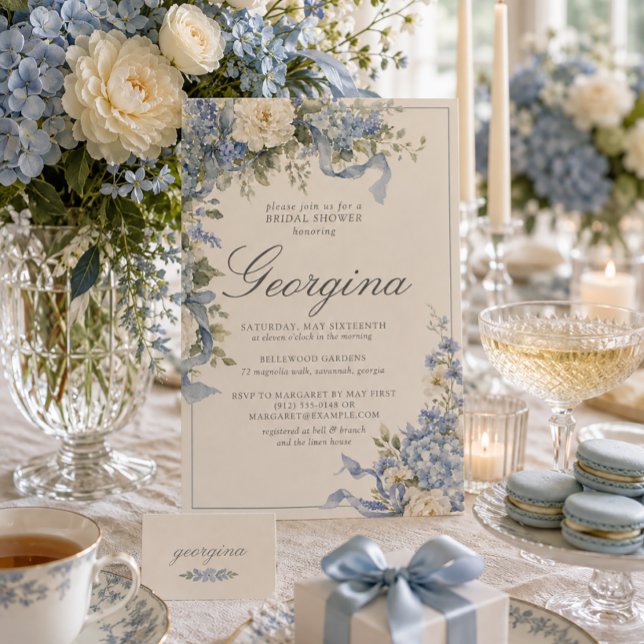Invitation Lavage de Mariée Hydrangea Bleu Poudre Monogramme (Créateur téléchargé)