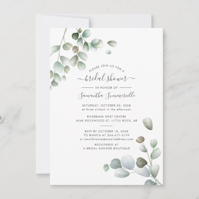 Invitation Lavage de Mariée Script Floral Eucalyptus Botaniqu (Devant)