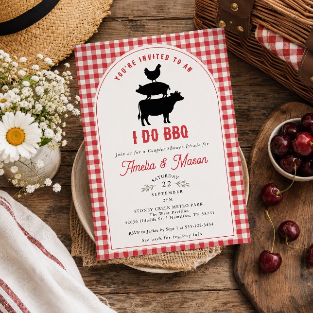 Invitation Lavage Rouge 'Je Le Fais' BBQ Couple Enterrement d (Red Gingham I Do BBQ Couples Bridal Shower Invitation)