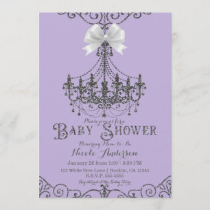 Invitation Lavage Violet & Nœud Blanc Argenté Baby Shower