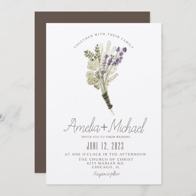 Invitation Lavande Aquarelle Eco Friendly Bouquet Mariage (Devant / Derrière)