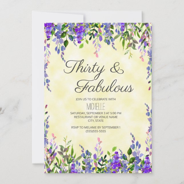 Invitation Lavande Aquarelle Jaune 30 ans et Incroyable Anniv (Devant)