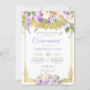 Invitation Lavande Aquarelle violette Florale Or Quinceanera