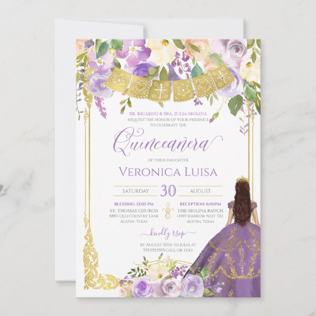 Invitation Lavande Aquarelle violette Florale Or Quinceanera (Devant)