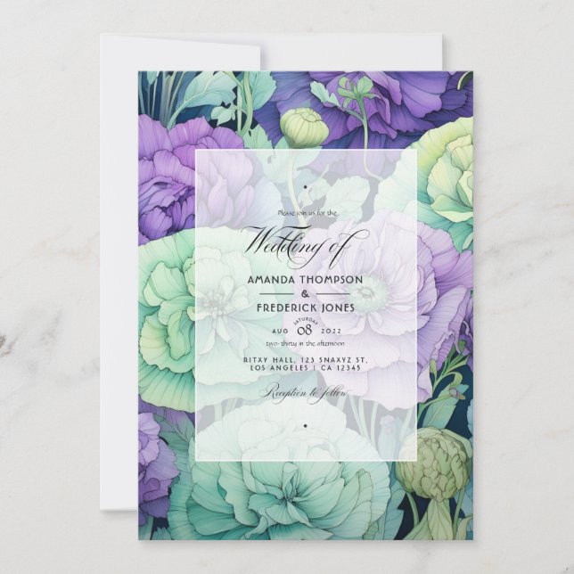 Invitation Lavande avec mariage floral printanier vert (Devant)