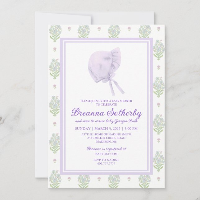 Invitation Lavande baby shower avec Bonnet (Devant)