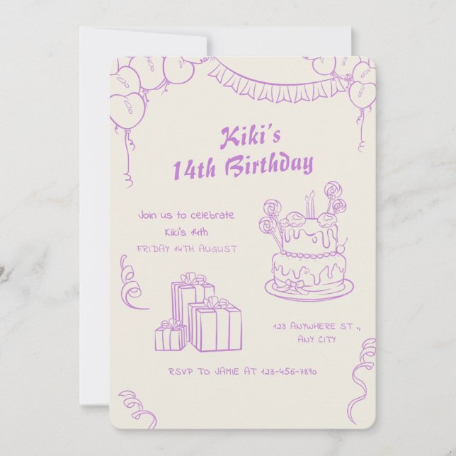 Invitation Lavande Beige Whimsical 14e anniversaire fête (Devant)